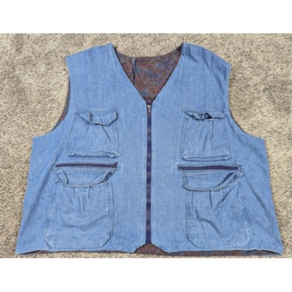 Vintage Denim Utility Vest Mens XL Multi Pocket Fishing Photography 90s Lined - Picture 1 of 11